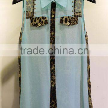 2014 design leopard printed turquoise contract chiffon blouse