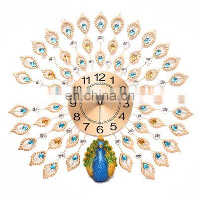 2022 Hot Custom LOGO Size Vintage Iron Creative 3D Gold Peacock Wall Clocks Non Ticking Mute Silent Wall Decoration Home Decor