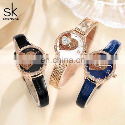 SHENGKEG New Design Watch Wrist K0168L Lady Watch Love Heart Dial Romantic Handwacth Leather Stainless Steel Mesh Band Watch