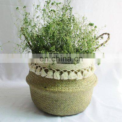 Natural Seagrass Storage Basket - Seagrass Belly Basket With White Tassel Foldable Woven PomPom Basket With Handle photo-5