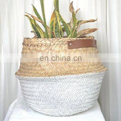 Handwoven Seagrass Belly Basket, Large White Bottom Seagrass Basket with leather handler