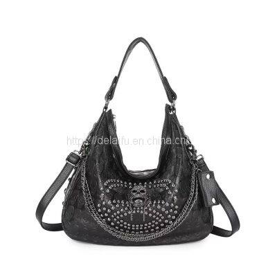 Punk Style Unisex Leather Handbag Large Capacity Portable Rivet Bag photo-3