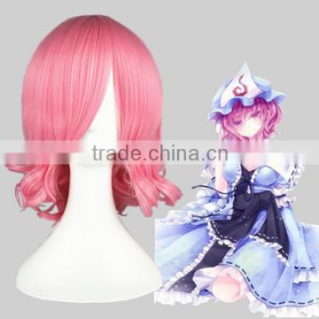 High Quality 35cm Short Curly Touhou Project-Saigyouji Yuyuko Pink Synthetic Anime Wig Cosplay Costume Hair Wig Party Wig