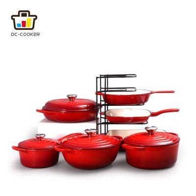 7 Piece Cast Iron Enameled Cookware Set - Red, RDO, Braiser, Skillet, Square Skillet Grill & Rect. Roaster)