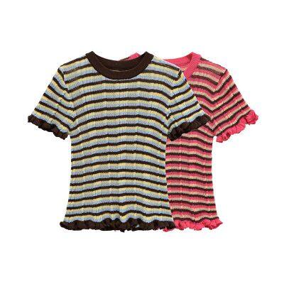 2025 new summer Korean version simple style striped round neck layered decorative striped T-shirt