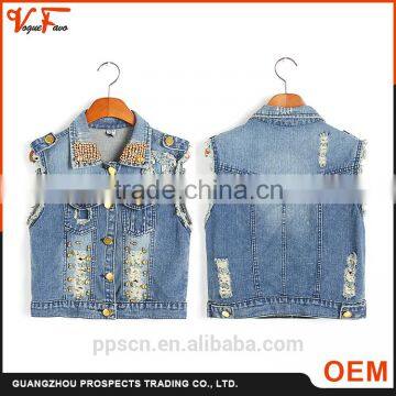 2016 China wholesale OEM customize jeans design hole blue ladies fashion new jeans vest