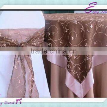 YHT#136 satin edge embroidery organza polyester banquet wedding wholesale cheap table cloth linen overlay