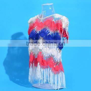 2015 new hand crochet colorful women short sleeve pullover for lady hollow out with tassel