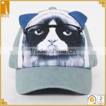 Denim 5 panel printed cat custom kids basebll caps