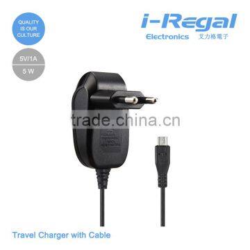 Hot Selling AC 110-240V 5V1A travel charger with cable, with CE RoHS approved for iphone ipad