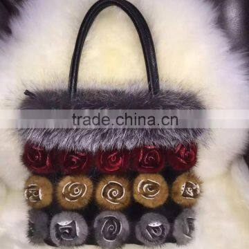 Fashion fox fur women handbag with fur flower/wholesale and retail