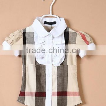 2015 British style grid summer Ruched pure cotton short sleeve girls shirt