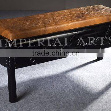 Vintage Aviator Black Finish Bench With Lather Seat