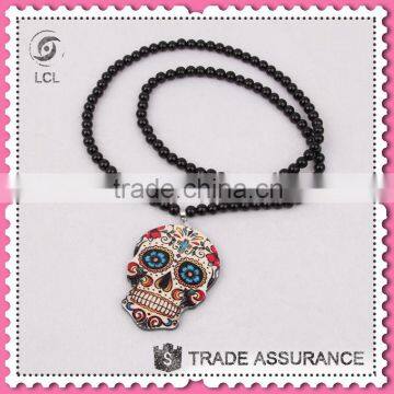 Latest design beads necklace with skull pendant, the day of dead black jewellery pendant necklaces