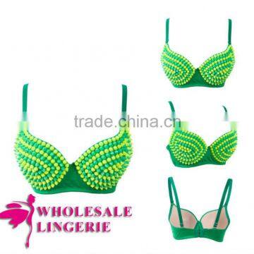 2014 Fashion Design Shiny Green And Yellow Rivet Spike Bra Top