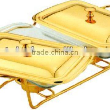 double Rect food warmers with golden line stand