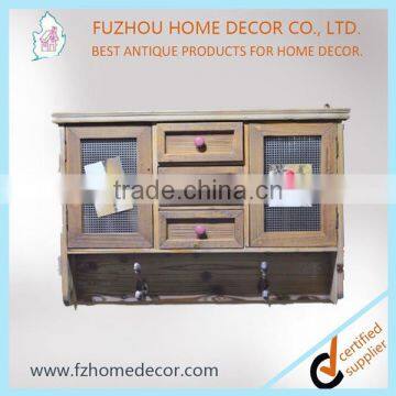 French country style floating wall shelf with metal mesh decor and drawers