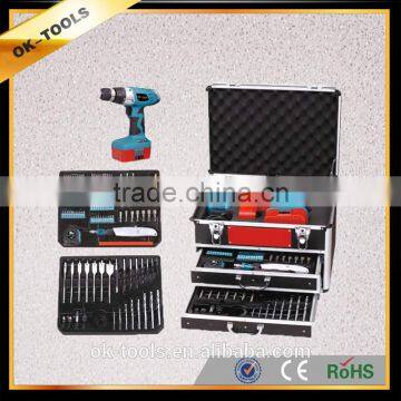 OK-Tools China Manufacturer 3 Drawers Combination Aluminum package toolsSet with Cordless drill