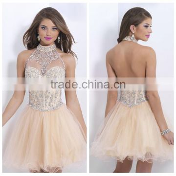 2015 halter neck beaded evening party dress short patterns