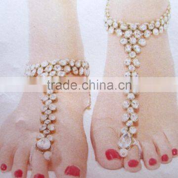 GOLD tone crystal pearl PAYAL Anklets toe ring barefoot sandal