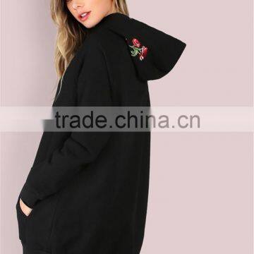 MGOO Black Pocket Front Embroidered Hood Sweatshirt Oversized Women Longline Hoodies With Custom Design photo-2