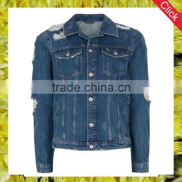 China manufacturer OEM custom blue men denim jackets ripped jean jackets