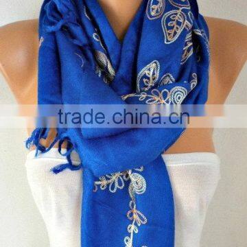 Royal Blue Embroidered Scarf Shawl Cowl Women Fashion Accessories Gift Ideas For Her Women Scarves Best Selling Item Scarf photo-3