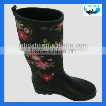 Knee High Lady's Fashion Neoprene Rain Boots with Beautiful Print Upper
