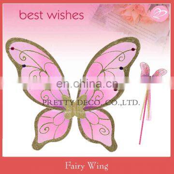 New style Foldable pink paint ,gold glitter printing Royal butterfly fairy wing and star wand set for party decoratoin