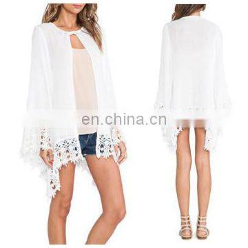 Fashion white kimono ladies cardigan with lace trims