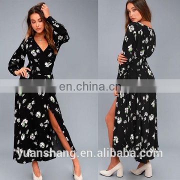 2017 long sleeve V neck black floral midi dress for women