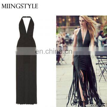 woman bodycon halter v neck maxi party dresses , latest designs sexy bandage dress quality with fringe