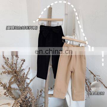 Girls 2020 winter clothes new foreign style bowknot plus velvet pants baby girl Korean fashion loose woolen children's pants