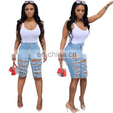 2020 Wholesale Stretchy Ripped Denim Women Destroyed Mid Rise Jeans Shorts