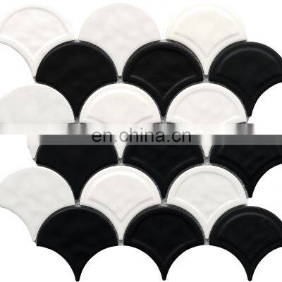 Black and White Fan-shaped Mosaic Tile Kitchen Backsplash Craft  bathroom and swimming pool mosaic Tiles