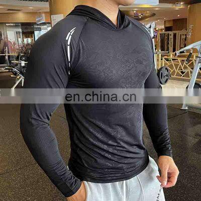 Wholesale Mens 100% Polyester Fabric Sport Designed Embossed Tshirts With Hoodie High Quality Tshirt Custom photo-2