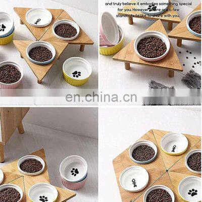 Wholesale Logo Elevated Pet Water Food Raised Cat Dog Water Bamboo Feeding Supplies Bowls Ceramic & Feeders Rack Luxury photo-5