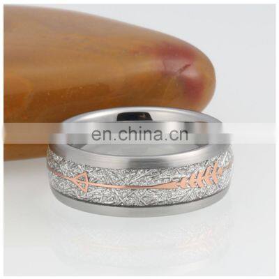 8mm Rose Gold Stainless Steel Tungsten Carbide Rings Hawaiian Koa Wood Arrow Inlay Men's Jewelry