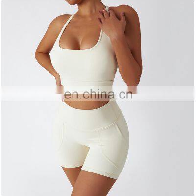 Fashion New Eco-friendly Recycled Fabric Bra Two Piece Yoga Suit Set Fitness Workout Sports Clothing Ladies Gym Wear Short Set