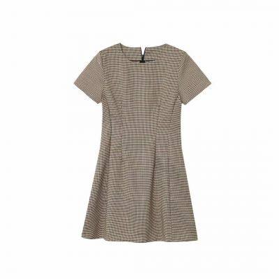 Summer new European and American style round neck slim fit and slimming houndstooth dress