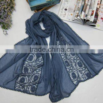 2016 Newest Embroidery Lace Flower Cotton Linen Long Plain Color Scarf