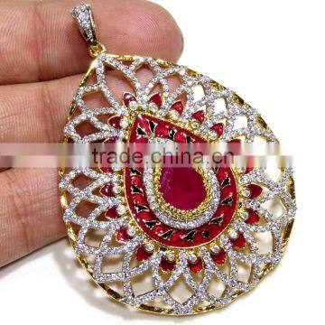 Gold Finish Ethnic, Zirconia,Ruby Pendant & Earring Jewelry design with Meenakari (Enamal) . 22 K Gold Plated Jewellery