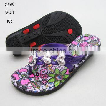 Beautiful flowers printing ladies PVC low black wedge flip flops