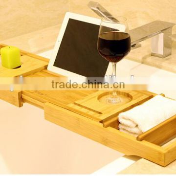 new design 100% Bamboo Bathtub Caddy with Extendable multifun Integrated Wineglass Holder new design bathroom rack bathtub caddy                        
                                                Quality Choice