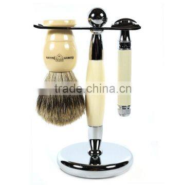 3 Piece Shaving Brush Stand Set with Edwin Jagger English Ivory Handle Shaving Brush and Safety Razor with Rubber Grip Stand