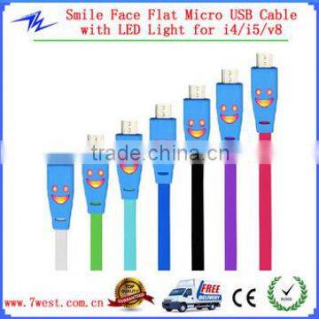 Flat Noodle Micro Charging Cable with Smiling face LED to 5pin Micro usb