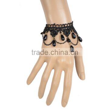 Retro Style Black Lace with Bead Alloy Chain Bracelet & Bangle Famous Designer Jewery for Women