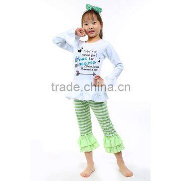 Persnickety remake children boutique clothing set kid green stripe ruffle pants outfits for girls Clothing Sets