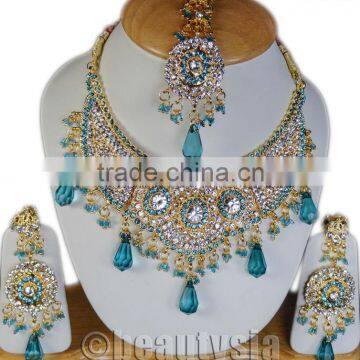 Kundan Gold Tone Turquoise Fashion Necklace Earrings Mangtikka Jewelry Set S200