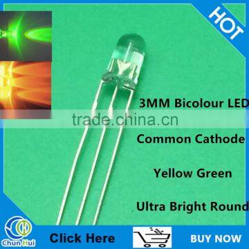 Ultra bright 3mm yellow and green bicolor 3 legs led diodes Bicolour light emitting diode 3mm bicolor led